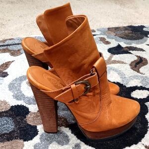 GOLO LEATHER Block Heel Platform Mule SANDALS Cognac Brown 7M Made in Italy Rare